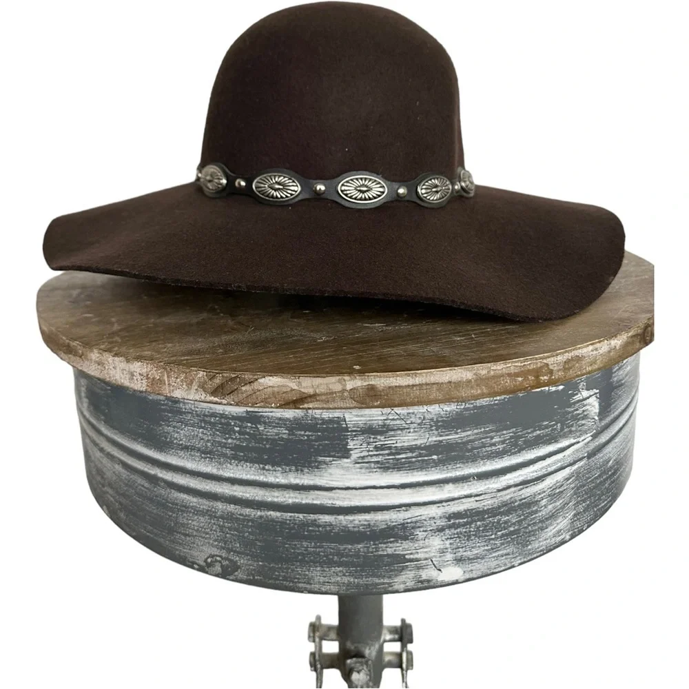 Scala Collezione Southwestern Wide Brim Wool Hat Oval Concho Trim Brown One Size - Picture 10 of 12